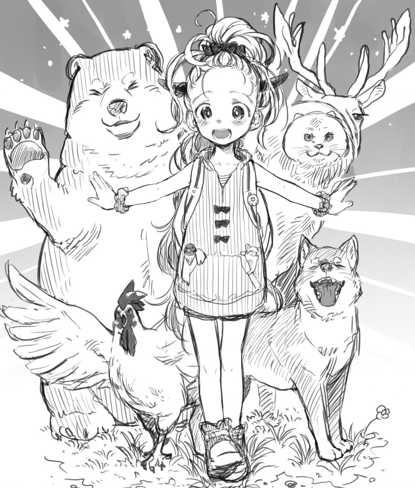 1girl :d bear bird bosako_(haguhagu) bow chicken deer dog greyscale haguhagu_(rinjuu_circus) hair_bow high_ponytail highres hood hoodie horns looking_at_viewer monochrome mouse open_mouth original outstretched_arms rooster scrunchie shoes sleeveless sleeveless_hoodie smile solo spread_arms standing thigh_gap wrist_scrunchie