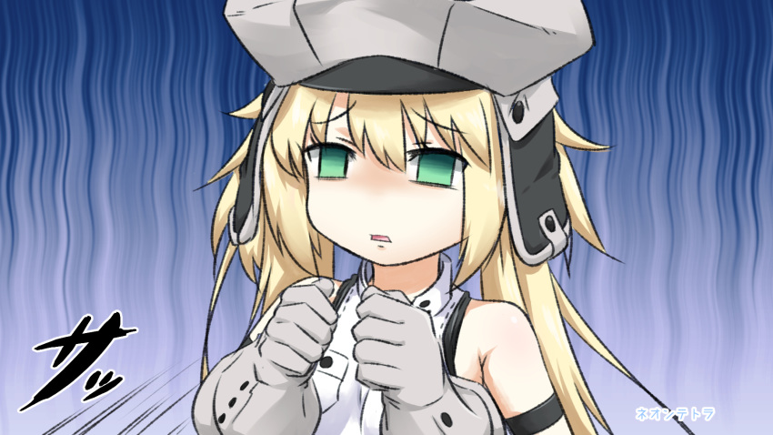 1girl artoria_pendragon_(all) artoria_pendragon_(caster) bangs bare_shoulders blonde_hair blue_background empty_eyes eyebrows_visible_through_hair fate/grand_order fate_(series) gloves green_eyes grey_gloves grey_headwear hair_between_eyes hands_up hat highres long_hair neon-tetora parted_lips shirt signature sleeveless sleeveless_shirt solo speed_lines twintails upper_body white_shirt