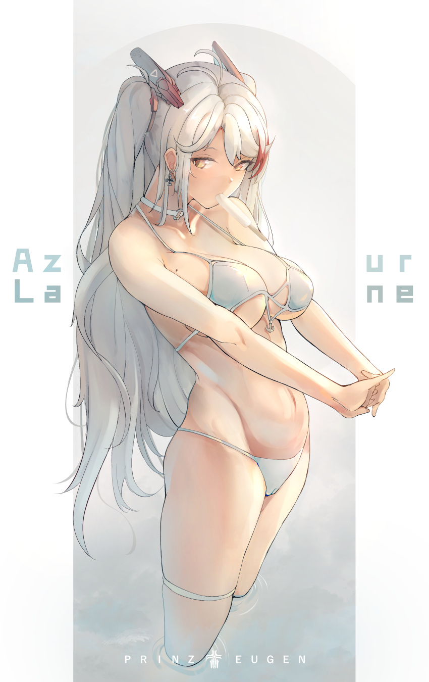 1girl absurdres anchor_symbol antenna_hair azur_lane bangs bikini blush breasts brown_eyes character_name choker cross cross_earrings earrings food groin hands_together headgear highres iron_cross jewelry large_breasts long_hair looking_at_viewer mole mole_on_breast mouth_hold multicolored_hair navel popsicle prinz_eugen_(azur_lane) ribbon side-tie_bikini silver_bikini silver_hair solo stomach streaked_hair swept_bangs swimsuit tan thigh_strap thighs two_side_up very_long_hair wading white_choker yusha_(m-gata)