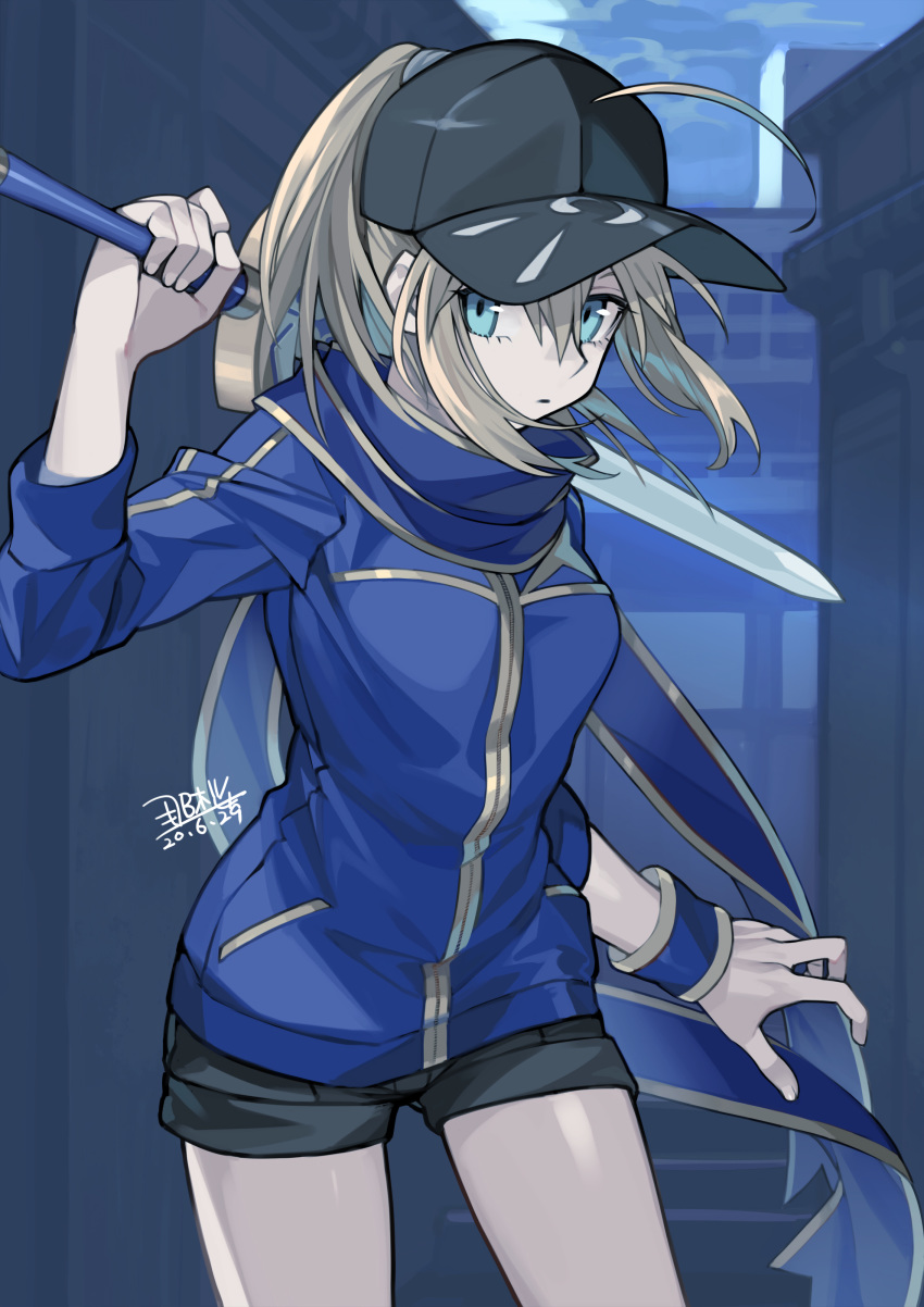 1girl absurdres ahoge artoria_pendragon_(all) baseball_cap blonde_hair blue_eyes breasts commentary_request cowboy_shot dated fate/grand_order fate_(series) hair_between_eyes hat highres holding holding_sword holding_weapon jacket long_sleeves looking_at_viewer medium_breasts mysterious_heroine_x ponytail scarf seyana shorts solo standing sword weapon