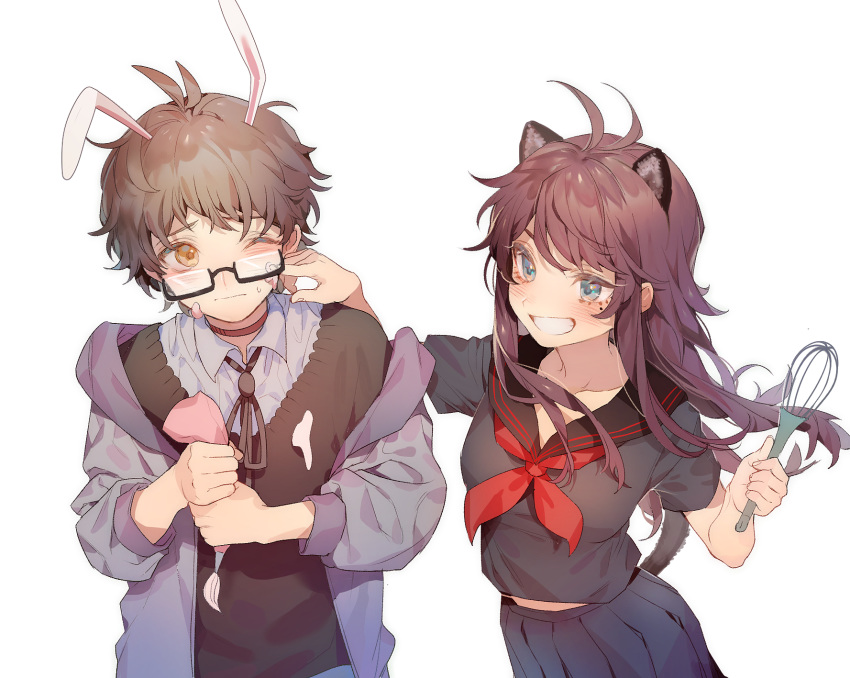 1boy 1girl animal_ears antenna_hair black-framed_eyewear black_shirt black_skirt blush brown_hair character_request closed_mouth commentary_request copyright_request glasses grey_shirt highres holding holding_whisk long_hair looking_at_another pleated_skirt sailor_collar semi-rimless_eyewear shirt short_sleeves simple_background skirt sweater teeth whisk white_background zuizi