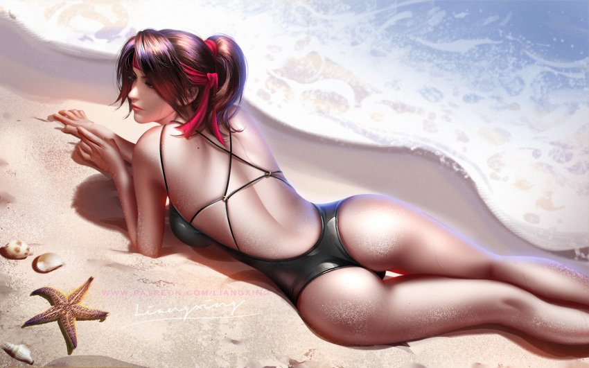 1girl ass beach breasts brown_eyes brown_hair day final_fantasy final_fantasy_vii from_behind headband jessie_rasberry large_breasts liang_xing long_hair lying mole_on_body one-piece_swimsuit outdoors patreon_username ponytail red_headband sand_on_skin seashell shell signature solo starfish swimsuit water watermark web_address