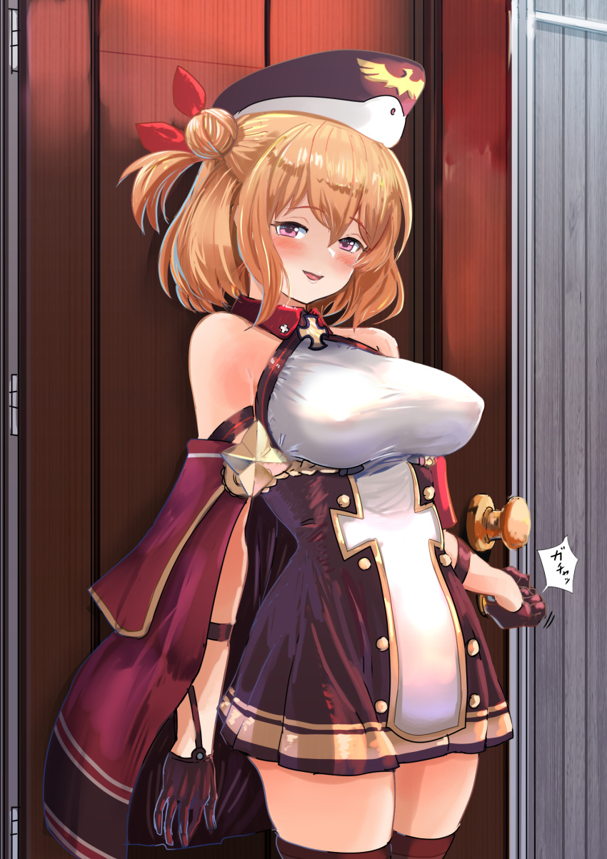 1girl :d aiguillette arm_garter azur_lane bangs bare_shoulders blonde_hair blush breasts brown_dress brown_gloves brown_headwear brown_legwear cape collared_dress commentary_request covered_nipples cowboy_shot door doorknob dress eyebrows_visible_through_hair framed_breasts gloves hair_between_eyes hair_bun hair_ribbon halterneck hat hey_taishou highres iron_cross knocking leipzig_(azur_lane) looking_at_viewer open_mouth pink_eyes red_cape red_ribbon ribbon short_hair sidelocks smile solo sound_effects standing taut_clothes thigh-highs zettai_ryouiki