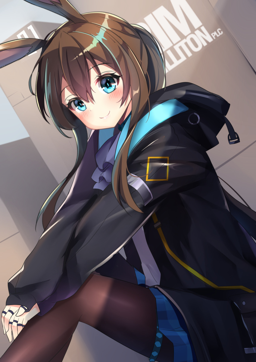1girl absurdres agung_syaeful_anwar amiya_(arknights) animal_ears arknights bangs black_jacket blue_eyes blue_skirt blush brown_hair brown_legwear closed_mouth commentary commission english_commentary eyebrows_visible_through_hair feet_out_of_frame hair_between_eyes highres hood hood_down hooded_jacket jacket jewelry leaning_forward long_sleeves pantyhose plaid plaid_skirt pleated_skirt ponytail rabbit_ears ring shirt sitting skirt sleeves_past_wrists smile solo thumb_ring white_shirt