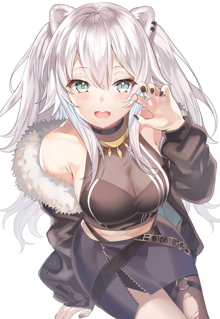 1girl :d ahoge animal_ears aqua_eyes arm_support bare_shoulders black_nails blush breasts claw_pose earrings eyebrows_visible_through_hair fur-trimmed_jacket fur_trim grey_hair hair_between_eyes highres hololive jacket jewelry large_breasts lion_ears lion_girl long_hair looking_at_viewer motsunuki necklace open_mouth shirt shishiro_botan sitting smile solo virtual_youtuber