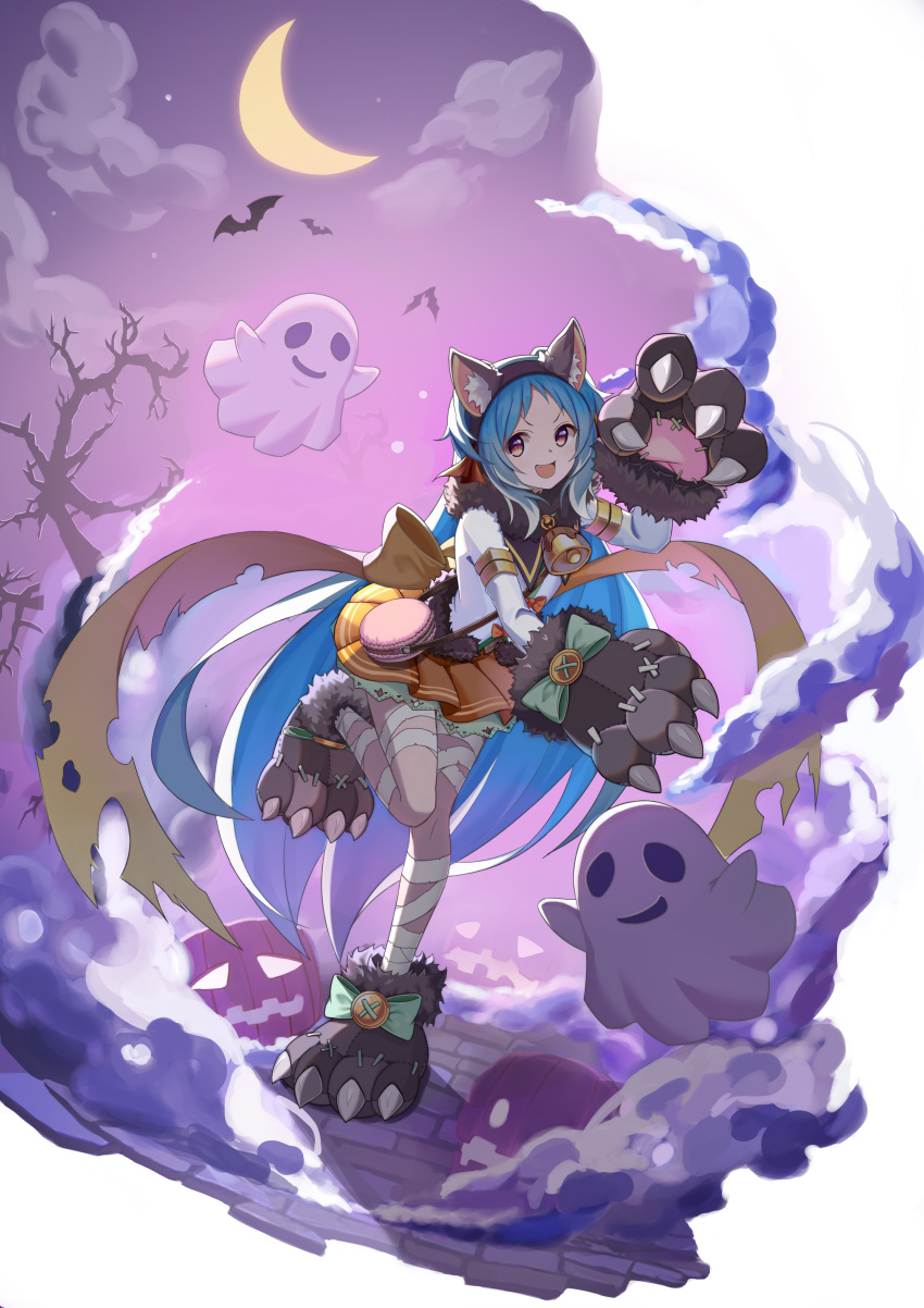 1girl :d absurdres animal_ear_fluff animal_ears bandaged_leg bandages bangs bare_tree bat bell blue_hair blush bow brown_skirt cat_ears clouds cloudy_sky commentary_request crescent_moon dress fake_animal_ears fang flan_(f_l_an) frills full_body fur_collar ghost gloves halloween halloween_costume highres jack-o'-lantern knee_up large_bow long_hair long_sleeves looking_at_viewer miyako_(princess_connect!) moon night night_sky open_mouth paw_gloves paw_shoes paws pleated_skirt princess_connect! princess_connect!_re:dive pumpkin shirt shoe_bow shoes skirt sky smile solo standing standing_on_one_leg star_(sky) tail torn_clothes tree very_long_hair white_shirt wolf_paws