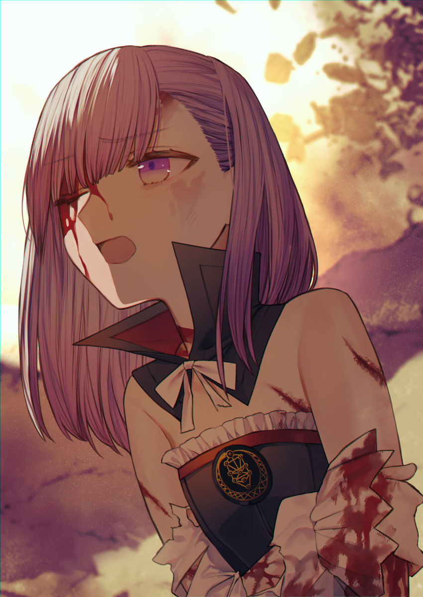 1girl absurdres albino_(a1b1n0623) bangs bare_shoulders blood bloody_clothes breasts bruise commentary_request detached_collar detached_sleeves dress eyebrows_visible_through_hair fate/grand_order fate_(series) helena_blavatsky_(fate/grand_order) highres injury long_hair one_eye_closed open_mouth purple_hair small_breasts solo strapless upper_body violet_eyes white_sleeves
