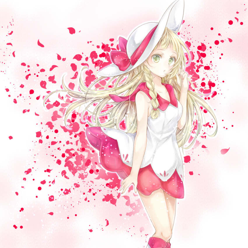 1girl :o adapted_costume blonde_hair braid breasts collarbone collared_dress commentary dress falling_petals green_eyes hat highres lillie_(pokemon) long_hair looking_at_viewer petals pokemon red_dress rose_petals sleeveless sleeveless_dress small_breasts solo standing sun_hat sundress twin_braids two-tone_dress white_dress white_headwear yomogi_(black-elf)