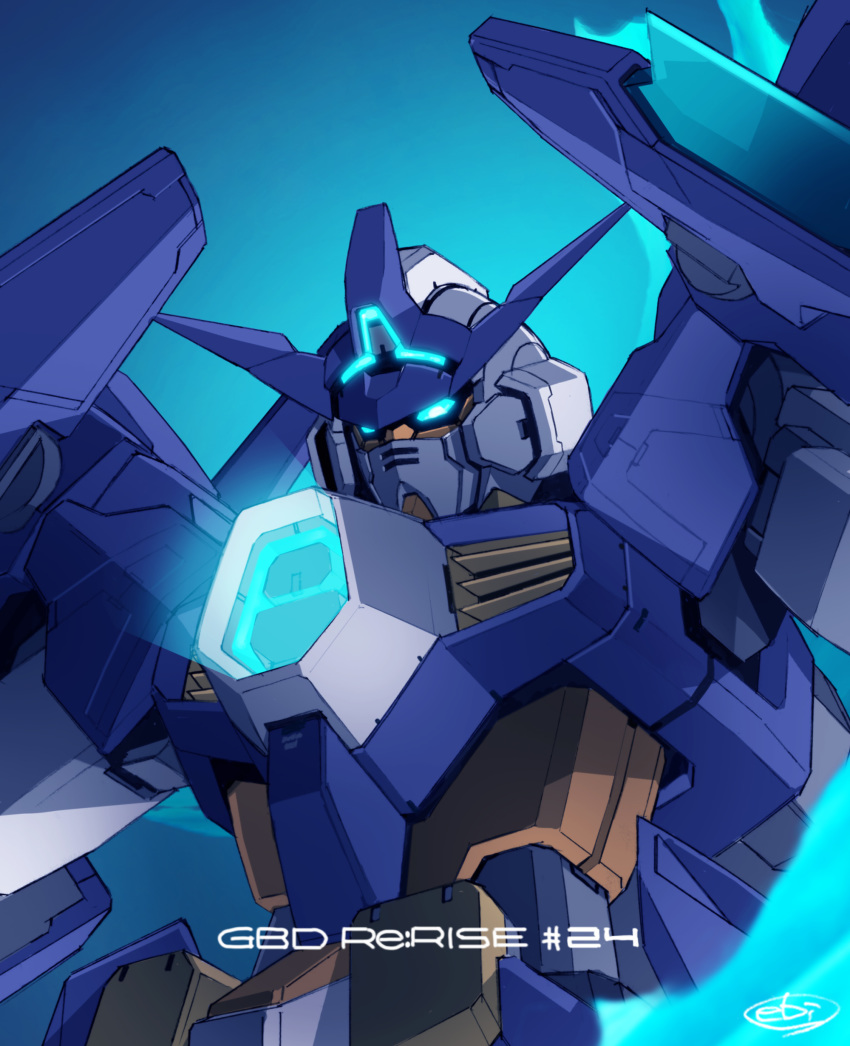 absurdres blue_eyes copyright_name ebikawa_kanetake episode_number glowing glowing_eyes gundam gundam_build_divers gundam_build_divers_re:rise gundam_try_age_magnum highres looking_down mecha no_humans official_art science_fiction solo v-fin