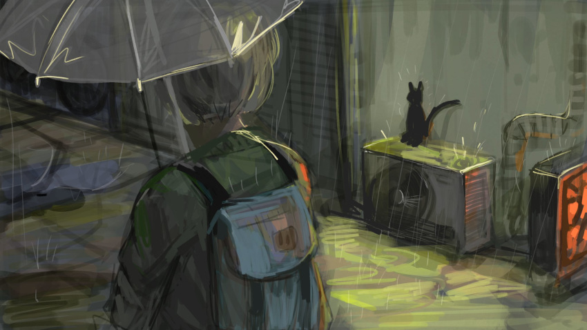 1girl alley backpack bag black_cat cat city diva_(hyxpk) green_jacket highres jacket night original rain sketch solo umbrella