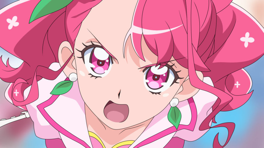 1girl bangs collarbone cure_grace dearigazu2001 earrings eyebrows_visible_through_hair healin'_good_precure highres jewelry long_hair looking_at_viewer open_mouth pink_eyes pink_hair portrait precure shiny shiny_hair solo swept_bangs v-shaped_eyebrows