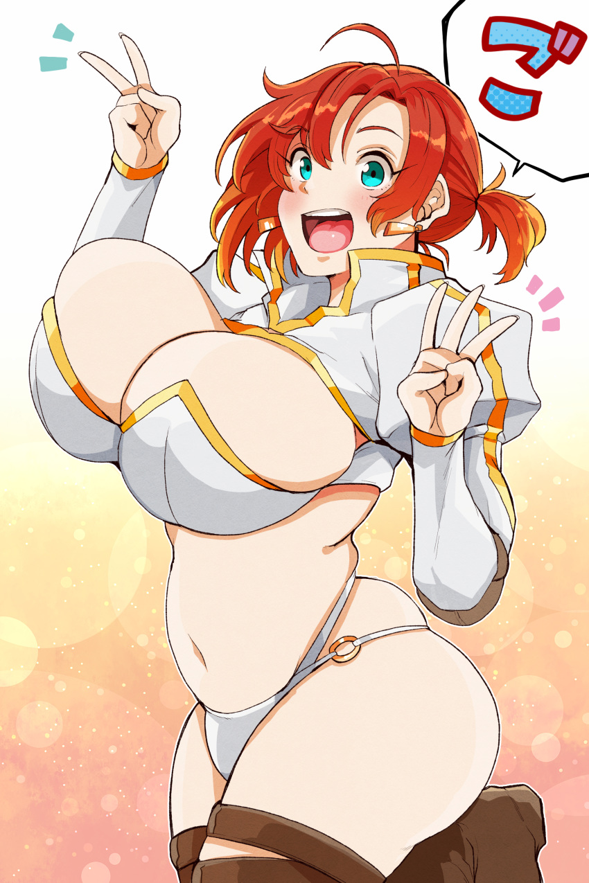 1girl 41_(taskmaster41) :d absurdres ahoge aqua_eyes arms_up ass boots boudica_(fate/grand_order) breasts brown_footwear commentary_request cowboy_shot earrings eyebrows_visible_through_hair fate/grand_order fate_(series) highres huge_breasts jewelry leg_up long_sleeves looking_at_viewer open_mouth panties ponytail puffy_sleeves redhead short_hair short_ponytail shrug_(clothing) smile solo stomach thigh-highs thigh_boots thigh_strap unaligned_breasts underwear v white_panties