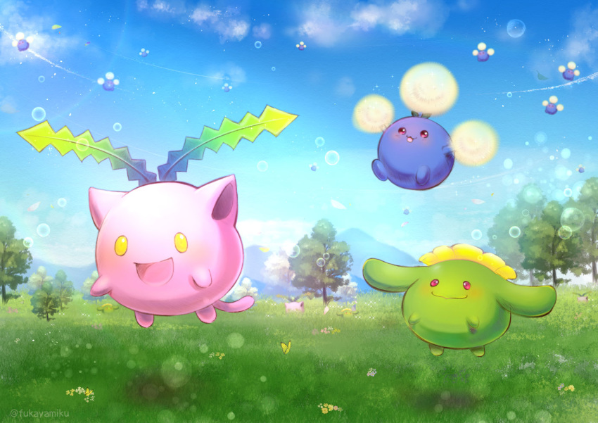 blush closed_mouth clouds commentary_request day flower flying fukaya_miku gen_2_pokemon grass hoppip jumpluff mountain no_humans open_mouth outdoors pokemon skiploom sky tongue tree yellow_eyes