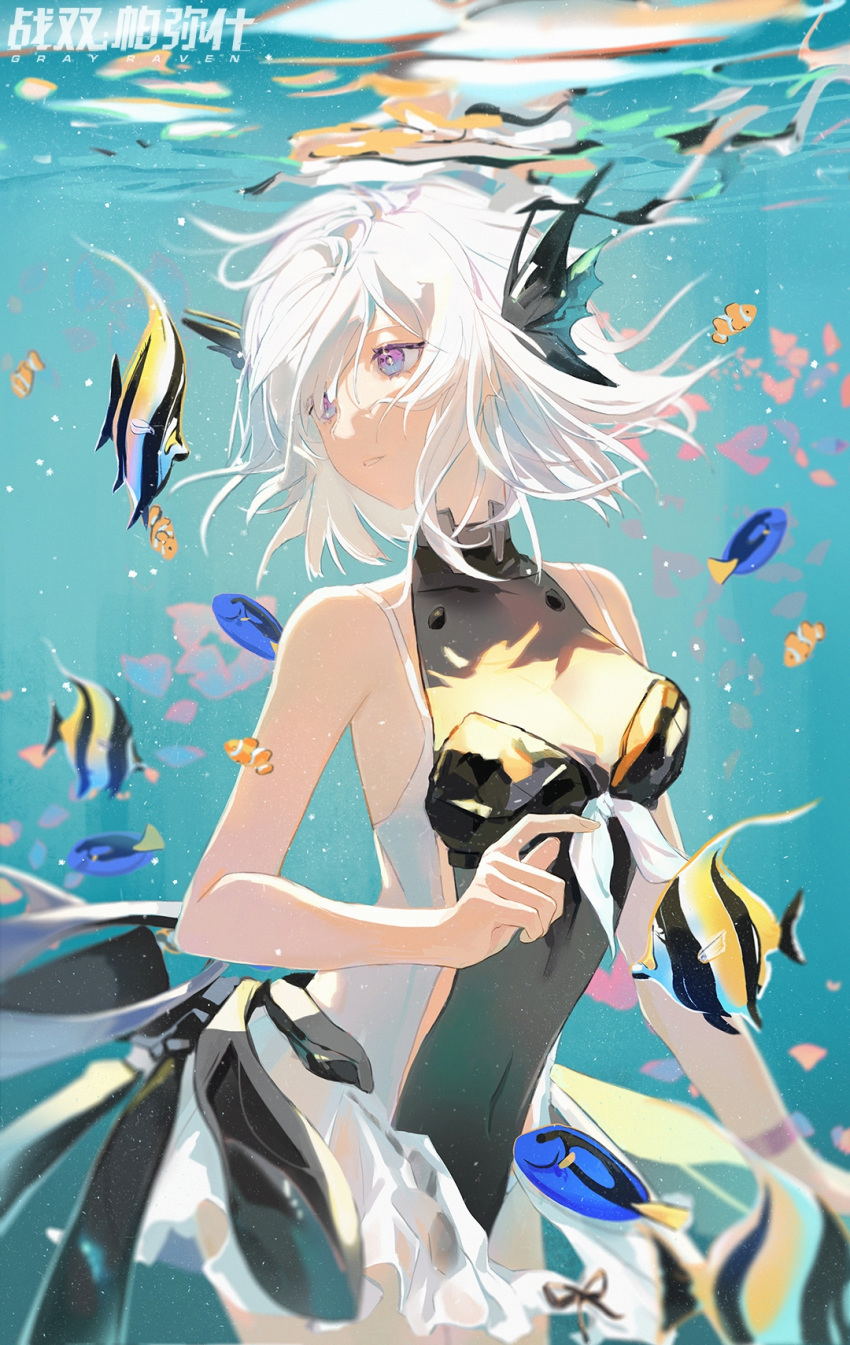 1girl bangs bare_shoulders breasts eyebrows hair_ornament highres lirseven liv_(punishing:_gray_raven) parted_lips punishing:_gray_raven short_hair swimsuit tropical_fish underwater violet_eyes white_hair