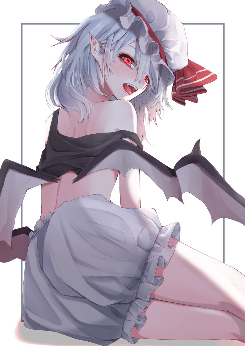 1girl bare_shoulders bat_wings bloomers blue_hair fall_dommmmmer from_behind hair_between_eyes hat highres looking_at_viewer mob_cap off_shoulder open_mouth pointy_ears red_eyes remilia_scarlet short_hair solo thighs touhou underwear upper_teeth white_background white_headwear wings