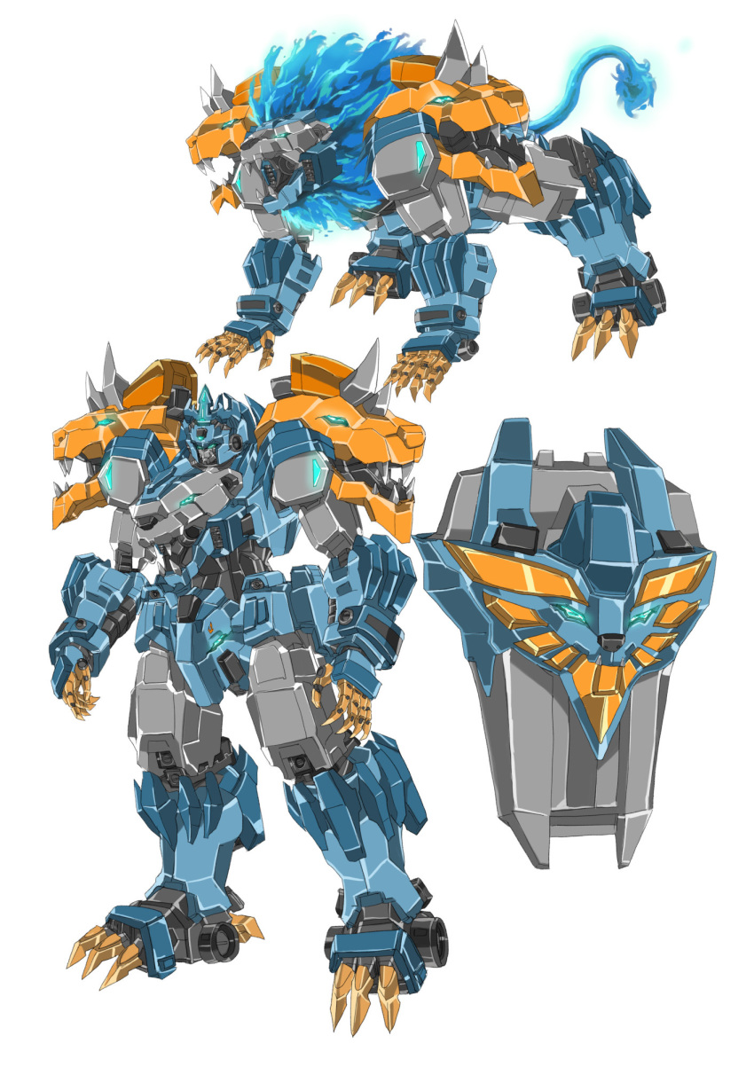 blue_eyes commission english_commentary garimpeiro glowing glowing_eyes highres mane mecha multiple_heads multiple_views no_humans open_mouth original robot_animal shield standing white_background