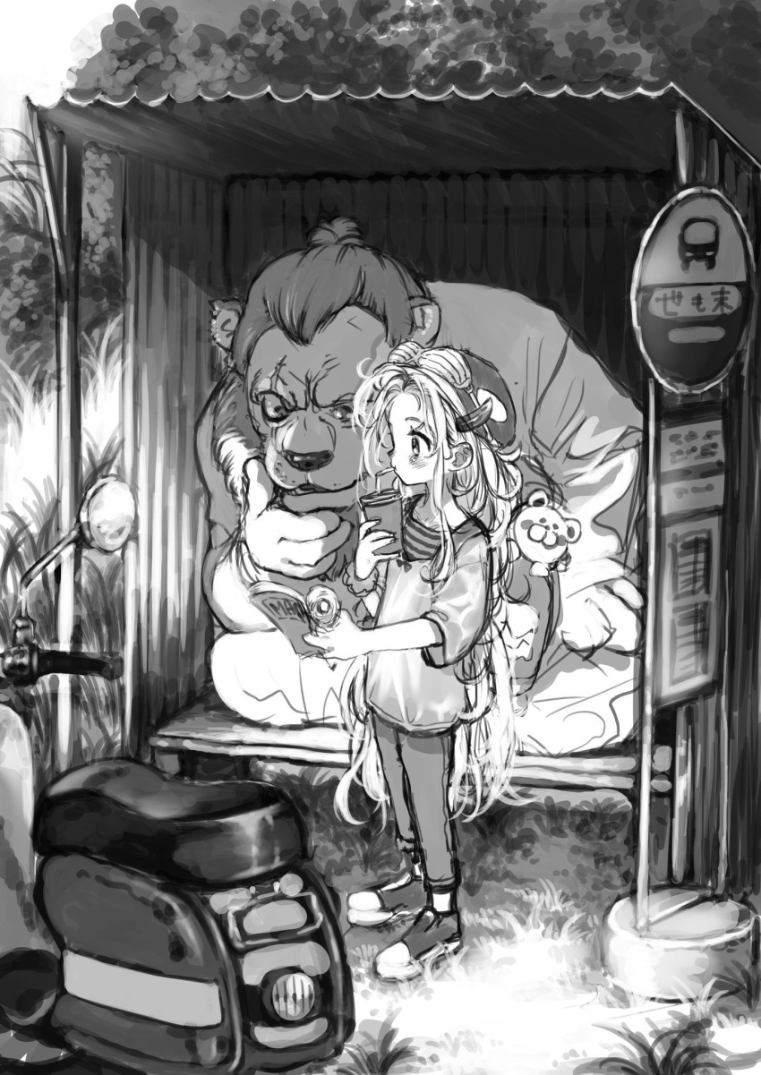 1boy 1girl backpack bag book bosako_(haguhagu) bus_stop cup drinking_straw greyscale ground_vehicle haguhagu_(rinjuu_circus) hair_bun hand_on_own_knee hat highres holding holding_book horns indian_style long_hair monochrome monster motor_vehicle open_book original pants road_sign scooter shirt shoes sign sipping sitting standing stuffed_animal stuffed_toy teddy_bear thinking very_long_hair