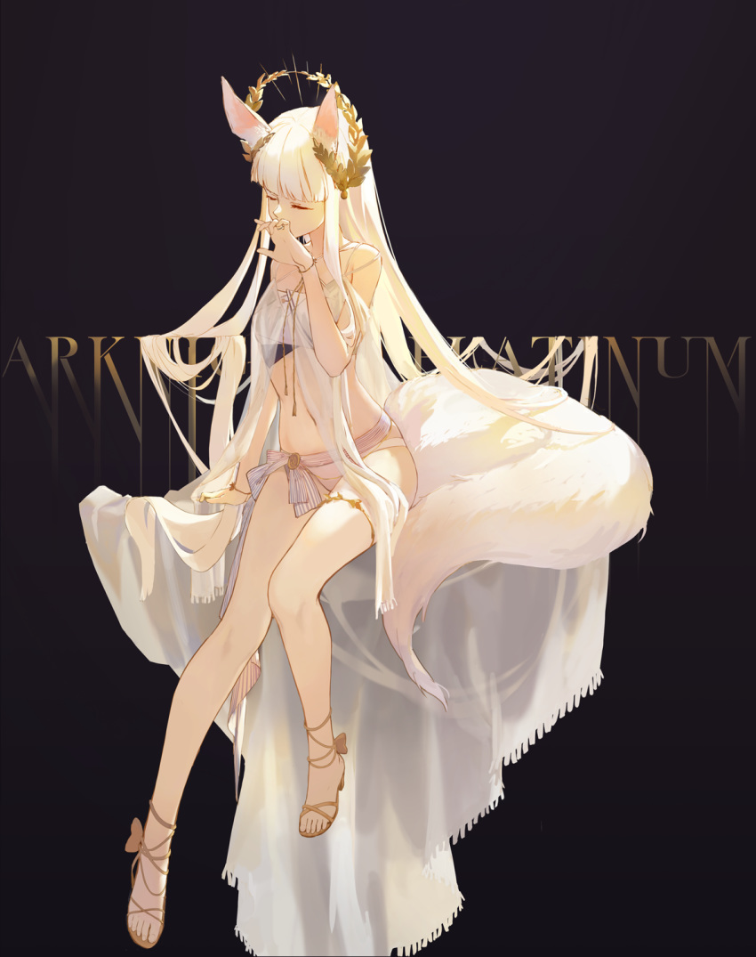 1girl animal_ears arknights bangs bare_legs bare_shoulders bikini black_background bracelet closed_eyes commentary_request full_body hand_up highres horse_ears horse_tail jewelry laurel_crown long_hair platinum_(arknights) ring see-through shuang_ye silver_hair simple_background sitting solo swimsuit tail thigh_strap very_long_hair white_bikini