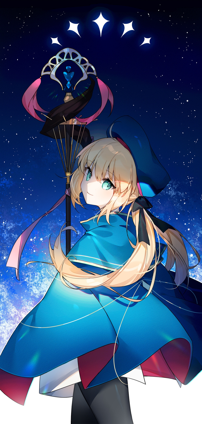 1girl absurdres artoria_pendragon_(all) artoria_pendragon_(caster) bangs beret black_legwear black_ribbon blonde_hair blue_cape blue_headwear breasts cape eyebrows_visible_through_hair fate/grand_order fate_(series) floating_hair from_behind green_eyes hair_between_eyes hair_ribbon hat highres kamiowl long_hair long_sleeves looking_at_viewer low_twintails night night_sky outdoors pantyhose red_cape ribbon sky smile solo staff star_(sky) starry_sky symbol_commentary twintails