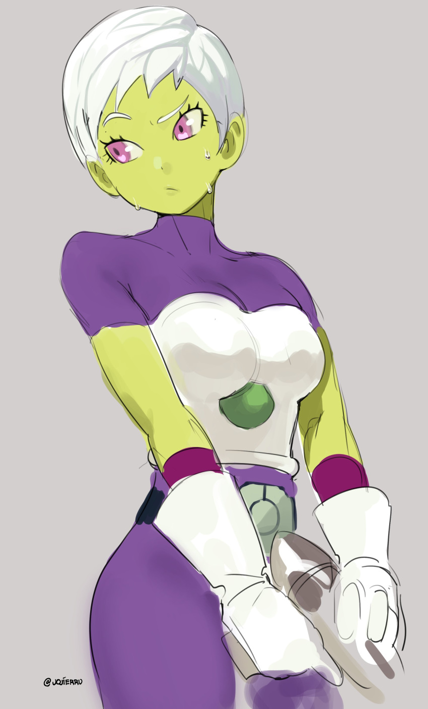 1girl :/ absurdres artist_name belt belt_buckle blue_belt bodysuit breasts buckle cheelai commentary cowboy_shot dragon_ball_super_broly energy_gun gloves green_skin grey_background gun hand_on_weapon highres holding holding_gun holding_weapon large_breasts looking_away looking_to_the_side purple_bodysuit raised_eyebrow ray_gun short_hair short_sleeves signature simple_background solo standing sweat twitter_username unknownid violet_eyes weapon white_gloves white_hair