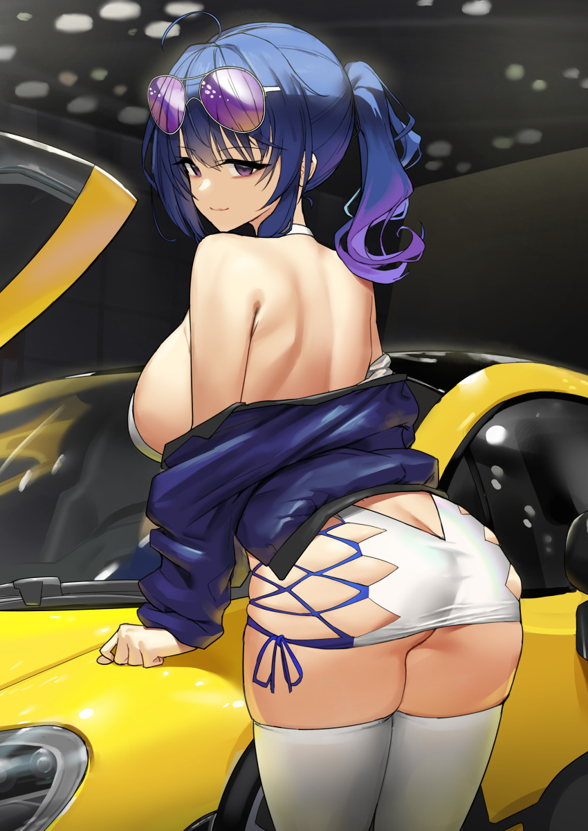 1girl absurdres ahoge ass azur_lane back bangs bare_shoulders blue_hair blush breasts closed_mouth eyebrows_visible_through_hair eyewear_on_head from_behind hair_between_breasts highres large_breasts long_hair looking_at_viewer looking_back mixed-language_commentary off-shoulder_jacket racequeen revision side_ponytail sidelocks skindentation smile st._louis_(azur_lane) thigh-highs thighs uleuleuleu violet_eyes white_legwear