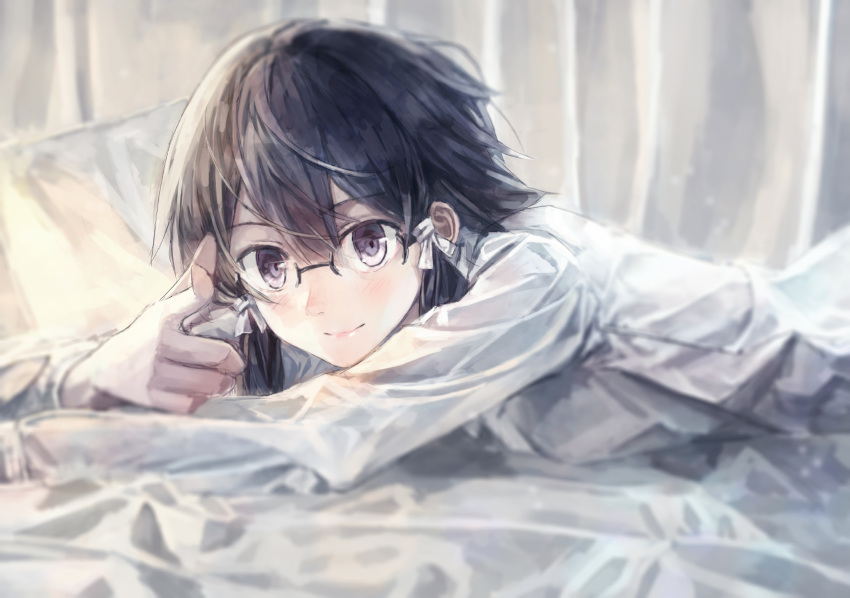 1girl 54cr asada_shino bangs bed_sheet black_hair brown_eyes closed_mouth eyebrows_visible_through_hair hair_between_eyes hair_ribbon highres long_sleeves looking_at_viewer lying on_stomach ribbon shiny shiny_hair shirt short_hair smile solo sword_art_online upper_body white_ribbon white_shirt