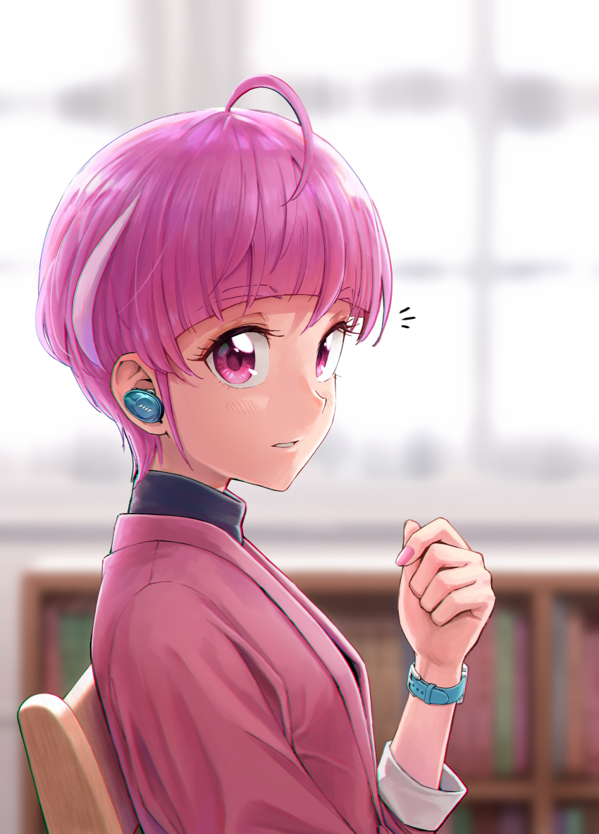1girl absurdres ahoge bangs blunt_bangs blurry blurry_background earphones eyebrows_visible_through_hair from_side highlights highres hoshina_hikaru itou_shin'ichi long_sleeves looking_at_viewer multicolored_hair nail_polish older parted_lips pink_eyes pink_hair pink_nails pink_shirt precure shirt short_hair solo star_twinkle_precure upper_body watch watch wireless_earphones
