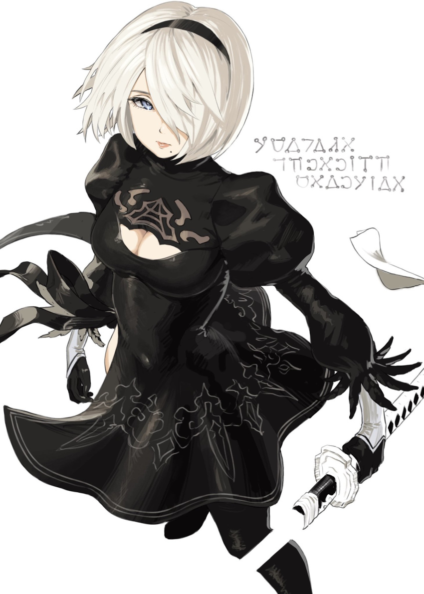 1girl bangs black_dress black_hairband boots breasts cleavage_cutout dress feather-trimmed_sleeves gloves hairband highres juliet_sleeves katana large_breasts long_sleeves looking_at_viewer mole mole_under_mouth nier_(series) nier_automata omaru_gyuunyuu puffy_sleeves short_hair simple_background sword thigh-highs thigh_boots virtuous_contract weapon white_background yorha_no._2_type_b