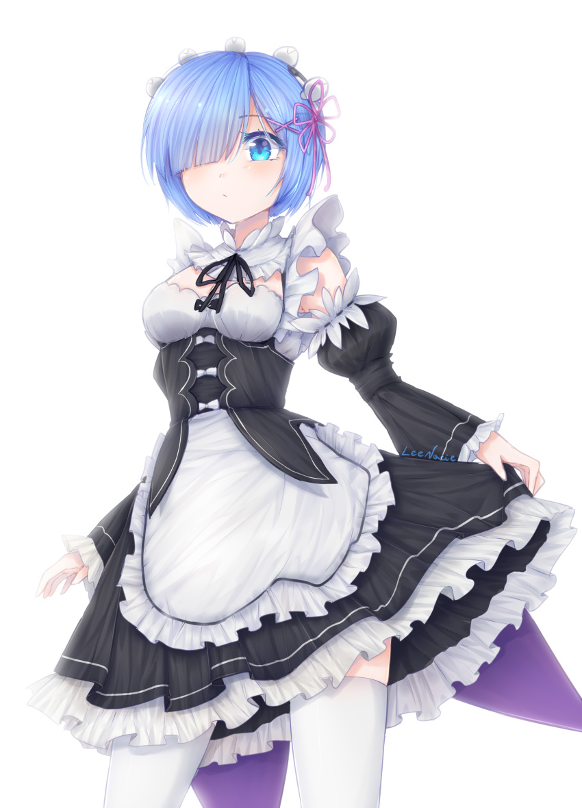 1girl absurdres apron black_ribbon black_skirt black_sleeves blue_eyes blue_hair bow closed_mouth cowboy_shot detached_sleeves flower frilled_apron frills hair_flower hair_ornament hair_over_one_eye hair_ribbon highres layered_skirt leenarie long_sleeves medium_skirt neck_ribbon pink_ribbon re:zero_kara_hajimeru_isekai_seikatsu rem_(re:zero) ribbon ribbon-trimmed_sleeves ribbon_trim shiny shiny_hair short_hair signature simple_background skirt solo standing thigh-highs waist_apron white_apron white_background white_bow white_flower white_legwear x_hair_ornament