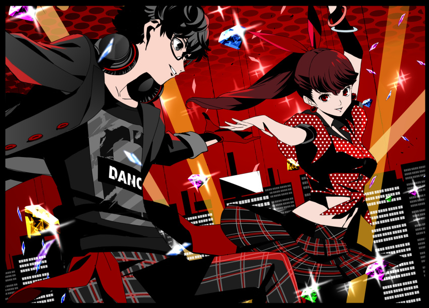 1boy 1girl amamiya_ren bangle black-framed_eyewear black_border black_eyes black_hair black_jacket border bracelet commentary dancing earrings edoya_inuhachi gem glint gloves hair_ribbon headphones headphones_around_neck jacket jewelry open_clothes open_jacket pants persona persona_5 persona_5:_dancing_star_night plaid plaid_pants plaid_skirt polka_dot polka_dot_shirt puffy_short_sleeves puffy_sleeves red_eyes red_gloves red_ribbon red_shirt redhead ribbon shirt short_sleeves skirt smile tied_shirt yoshizawa_kasumi