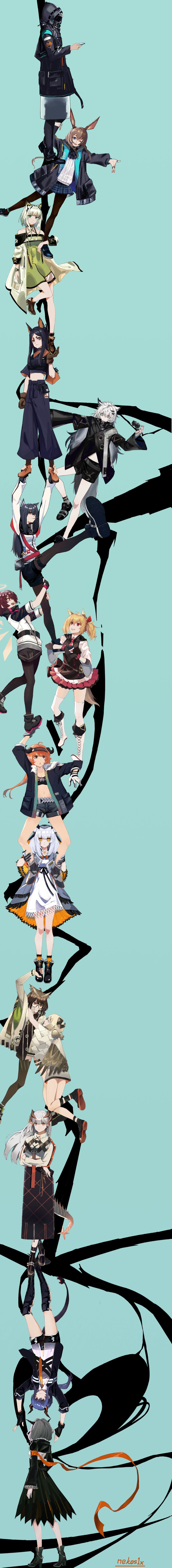 1other 6+girls :o :| ^_^ absurdres amiya_(arknights) animal_ear_fluff animal_ears arknights ascot baggy_pants bangs bare_shoulders belt bikini black_footwear black_gloves black_hair black_jacket black_legwear black_pants black_skirt blonde_hair blue_background blue_eyes blue_hair boots brown_eyes brown_footwear brown_gloves brown_hair brown_legwear capelet cat_ears cellphone ch'en_(arknights) chain checkered checkered_skirt chinese_commentary choker closed_eyes closed_mouth collared_shirt commentary_request croissant_(arknights) cross-laced_footwear crossed_arms dobermann_(arknights) doctor_(arknights) dragon_horns dragon_tail dress durarara!! earrings eating expressionless exusiai_(arknights) feather_trim food frilled_skirt frilled_sleeves frills from_behind from_side fur-trimmed_jacket fur_collar fur_trim glasses gloves goggles goggles_around_neck green_dress green_eyes green_footwear grey_eyes grey_footwear grey_gloves hair_between_eyes hair_ornament hair_over_one_eye hairclip halo heart high_heels highres holding holding_another's_foot holding_another's_leg holding_person holding_phone hood hooded_jacket horns hug ifrit_(arknights) incredibly_absurdres jacket jewelry kal'tsit_(arknights) lace-up_boots lappland_(arknights) loafers long_hair long_image long_sleeves looking_at_another looking_at_viewer looking_to_the_side midriff multicolored_hair multiple_girls necktie nekos1x one_eye_closed open_clothes open_jacket open_mouth orange_eyes orange_hair originium_arts_(arknights) owl_ears pants pantyhose parody phone pink_eyes pink_neckwear platinum_blonde_hair pleated_skirt pocky ptilopsis_(arknights) rabbit_ears red_belt red_eyes red_ribbon redhead ribbon ring saria_(arknights) shirt shoes short_eyebrows short_hair shorts sidelocks silence_(arknights) silver_hair simple_background single_thighhigh skirt sleeves_rolled_up smartphone smile sora_(arknights) standing star_(symbol) swept_bangs swimsuit tail tall_image texas_(arknights) thigh-highs twintails two-tone_hair upside-down w_(arknights) watch watch white_dress white_footwear white_gloves white_hair white_jacket white_shirt wide_sleeves wolf_ears yellow_eyes yellow_neckwear