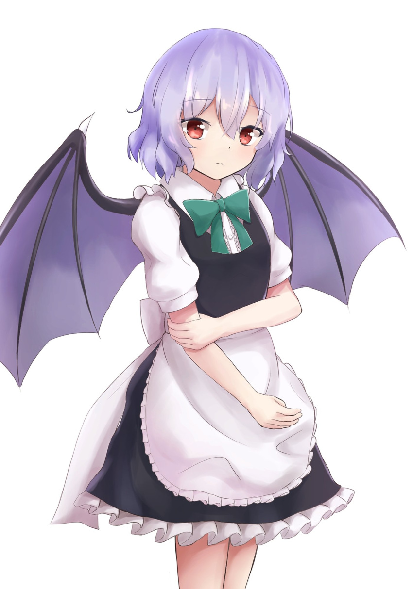 1girl alternate_costume apron arm_up bat_wings black_skirt black_vest blue_hair bow bowtie commentary_request cowboy_shot enmaided eyebrows_visible_through_hair green_neckwear hair_between_eyes hand_on_own_arm highres light_frown looking_at_viewer maid no_headwear partial_commentary petticoat puffy_short_sleeves puffy_sleeves red_eyes remilia_scarlet resa_7z_(resastr) shirt short_hair short_sleeves simple_background skirt solo standing touhou vest waist_apron white_background white_shirt wings