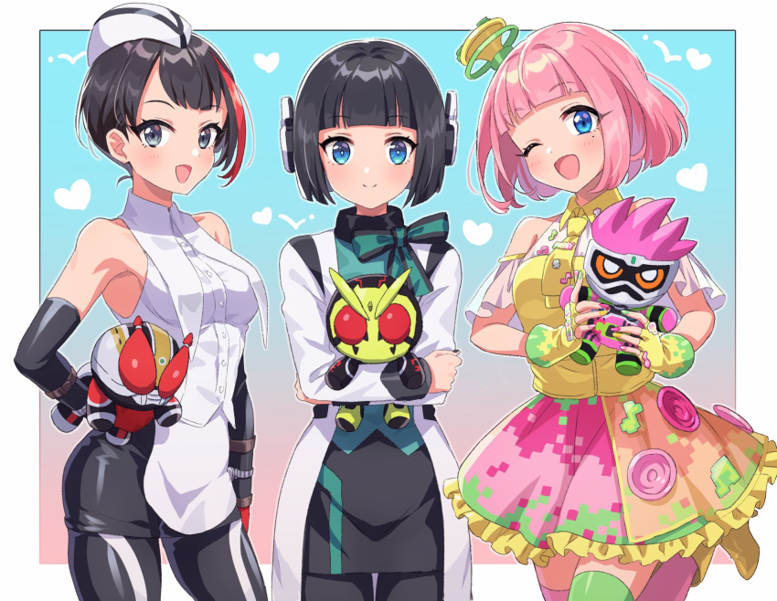 3girls android bangs black_eyes black_hair blue_eyes chibi elbow_gloves gloves highres holding holding_toy humagear_headphones is_(kamen_rider_01) kamen_rider kamen_rider_01_(series) kamen_rider_den-o kamen_rider_den-o_(series) kamen_rider_ex-aid kamen_rider_ex-aid_(series) kamen_rider_zero-one multicolored_hair multiple_girls naomi_(den-o) one_eye_closed pink_hair poppi_pipopapo shinonoko_(tubamecider) short_hair streaked_hair stuffed_toy toy