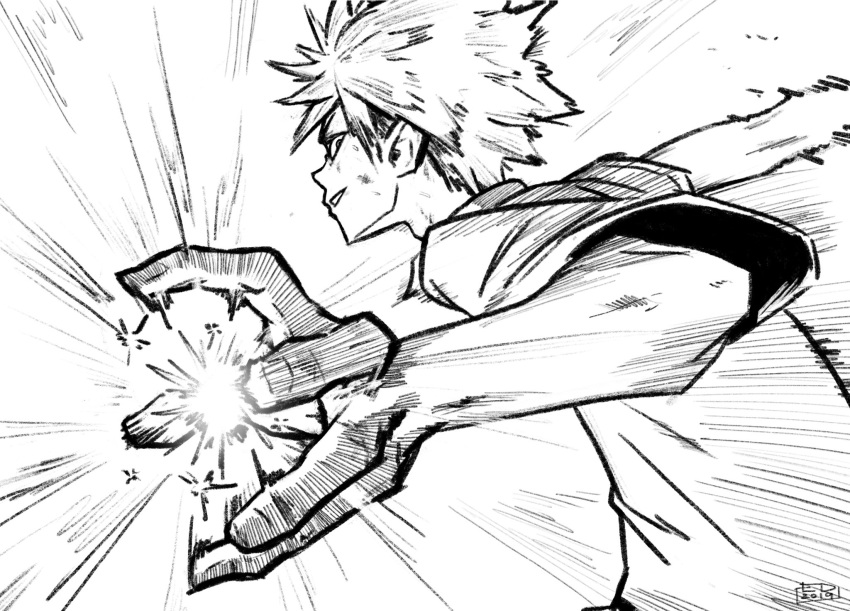 1boy bakugou_katsuki boku_no_hero_academia commentary dated edpan fire foreshortening from_behind greyscale highres looking_at_viewer looking_back male_focus monochrome shirt short_hair short_sleeves sideways_glance signature smile solo