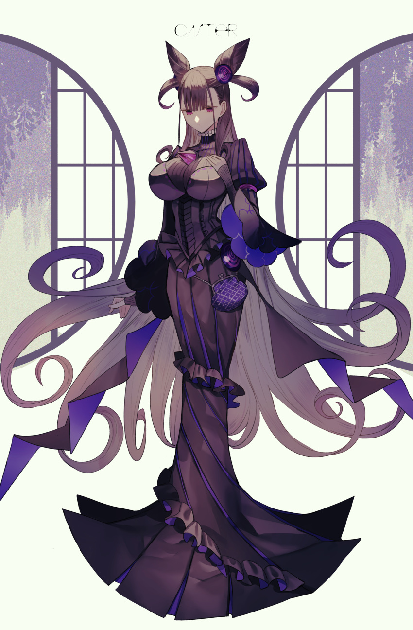 1girl absurdres albino_(a1b1n0623) amethyst_(gemstone) bag black_dress breasts double_bun dress fate/grand_order fate_(series) gem handbag highres hobble_dress juliet_sleeves large_breasts long_hair long_sleeves murasaki_shikibu_(fate) puff_and_slash_sleeves puffy_sleeves sleeves_past_wrists solo two_side_up very_long_hair violet_eyes