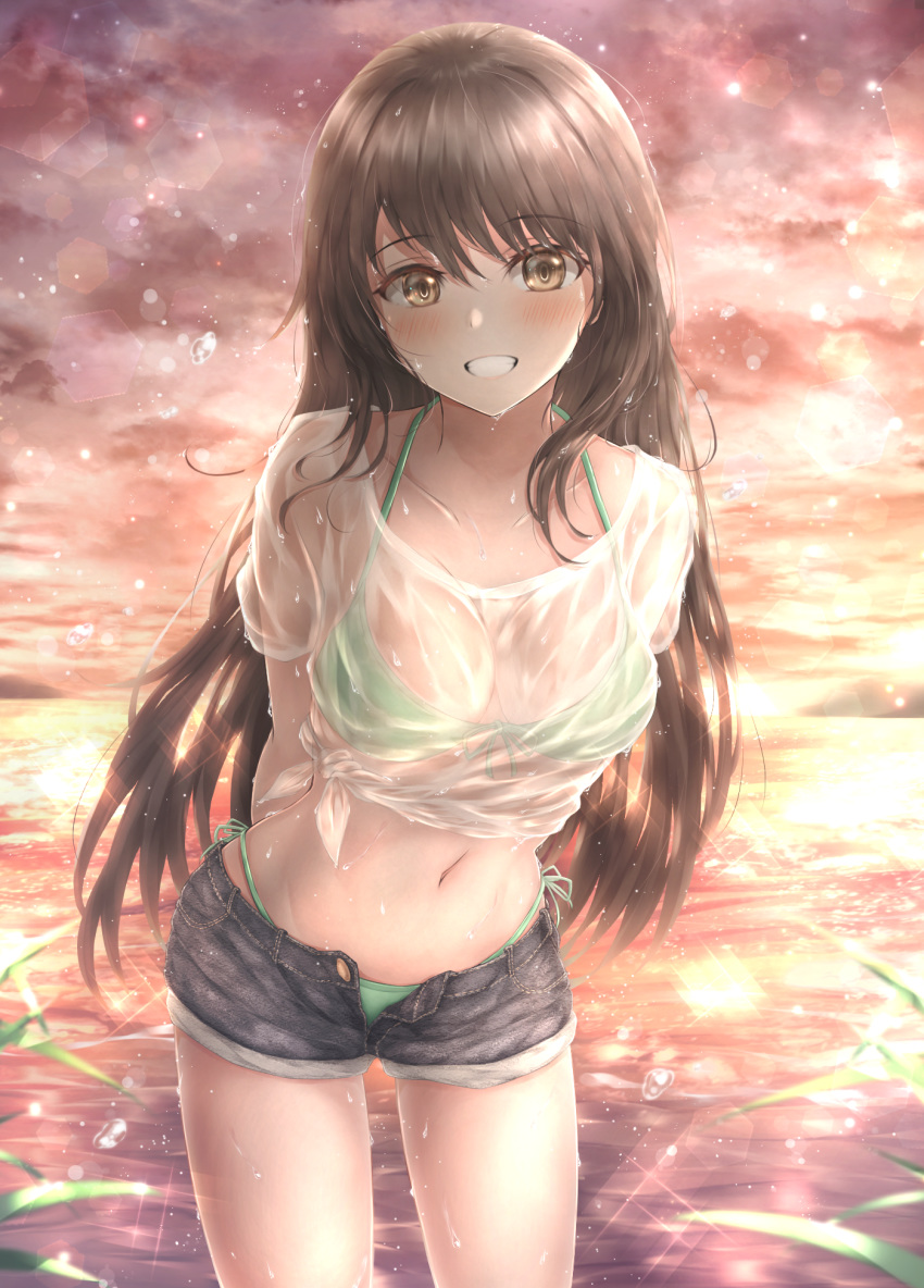 1girl :d absent arms_behind_back bangs bare_legs bikini breasts brown_eyes brown_hair collarbone commentary_request denim denim_shorts evening grass green_bikini grin highres leaning_forward lens_flare long_hair looking_at_viewer medium_breasts mountain navel ocean open_mouth original see-through shirt short_shorts short_sleeves shorts sidelocks smile sparkle standing sunset swimsuit teeth thigh_gap tied_shirt unbuttoned water_drop wet wet_clothes wet_hair white_shirt