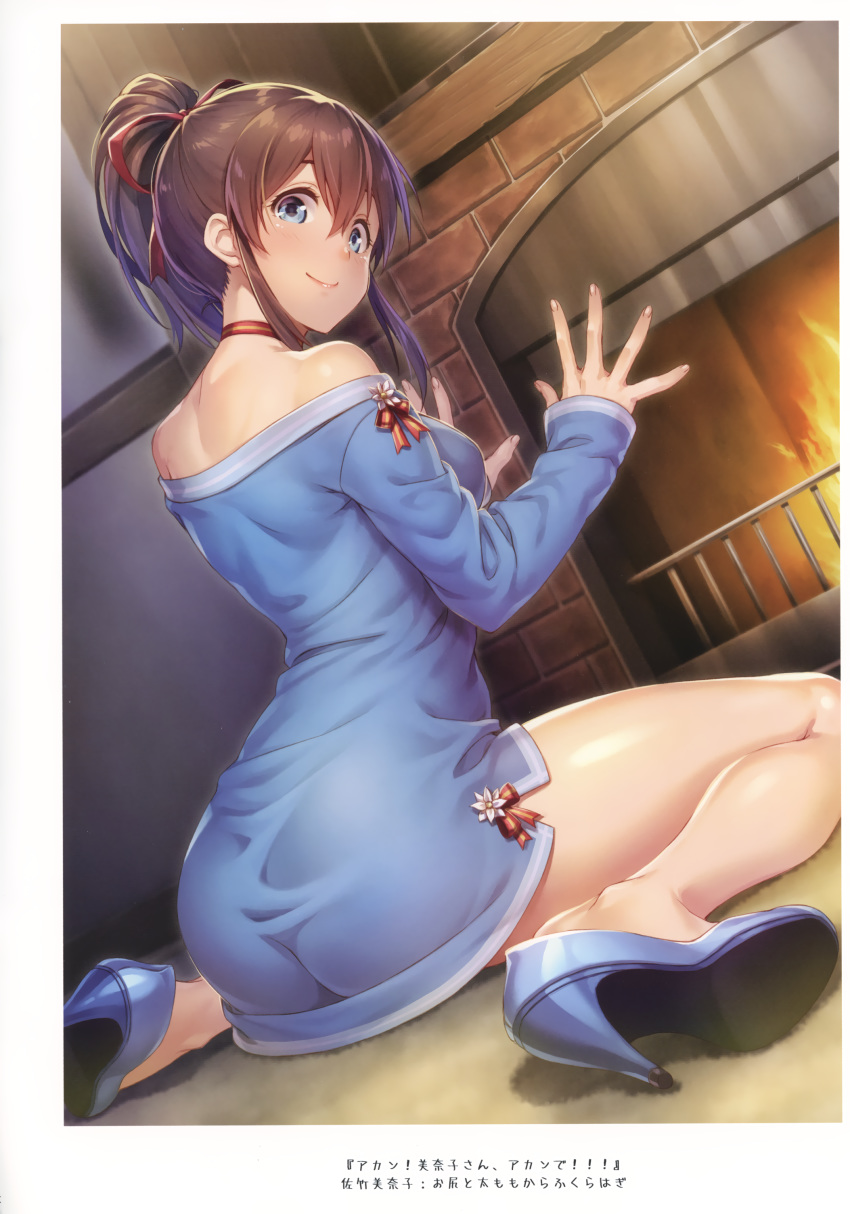 1girl absurdres bangs bare_shoulders blue_dress blue_eyes blue_footwear blush bow bowtie breasts brown_hair choker closed_mouth dress fingernails fire fireplace high_heels highres idolmaster idolmaster_million_live! idolmaster_million_live!_theater_days indoors lips long_hair long_sleeves looking_at_viewer looking_back medium_breasts nanaran ponytail satake_minako scan shiny shiny_hair short_dress simple_background sleeves_past_wrists solo tied_hair
