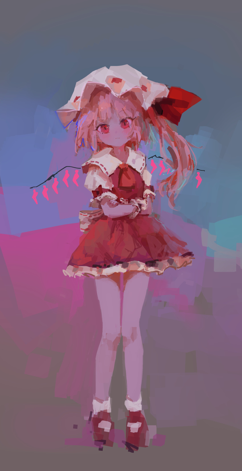 1girl absurdres ankle_socks blonde_hair blue_background bow closed_mouth crossed_arms expressionless eyes_visible_through_hair flandre_scarlet frilled_cuffs frilled_sleeves frills full_body gradient gradient_background grey_background hat hat_ribbon head_tilt highres impressionism knees_together_feet_apart long_hair looking_at_viewer mary_janes mob_cap multicolored multicolored_background no_lineart petticoat pink_background puffy_short_sleeves puffy_sleeves red_bow red_eyes red_footwear red_ribbon reddizen ribbon ribbon_trim shoes short_sleeves side_ponytail solo standing touhou tsurime white_headwear wings wrist_cuffs
