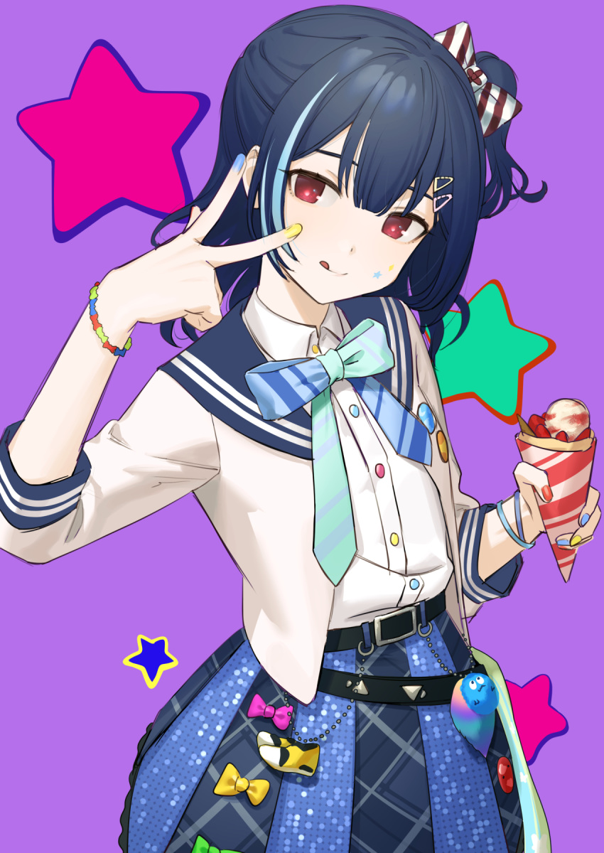 black_hair blue_sailor_collar blue_skirt bow collared_shirt crepe diagonal_stripes dress_shirt food frilled_skirt frills hair_between_eyes hair_bow hair_ornament hairclip hand_up highres idolmaster idolmaster_shiny_colors mimizubare morino_rinze multicolored multicolored_nails nail_polish red_eyes sailor_collar shirt skirt striped v