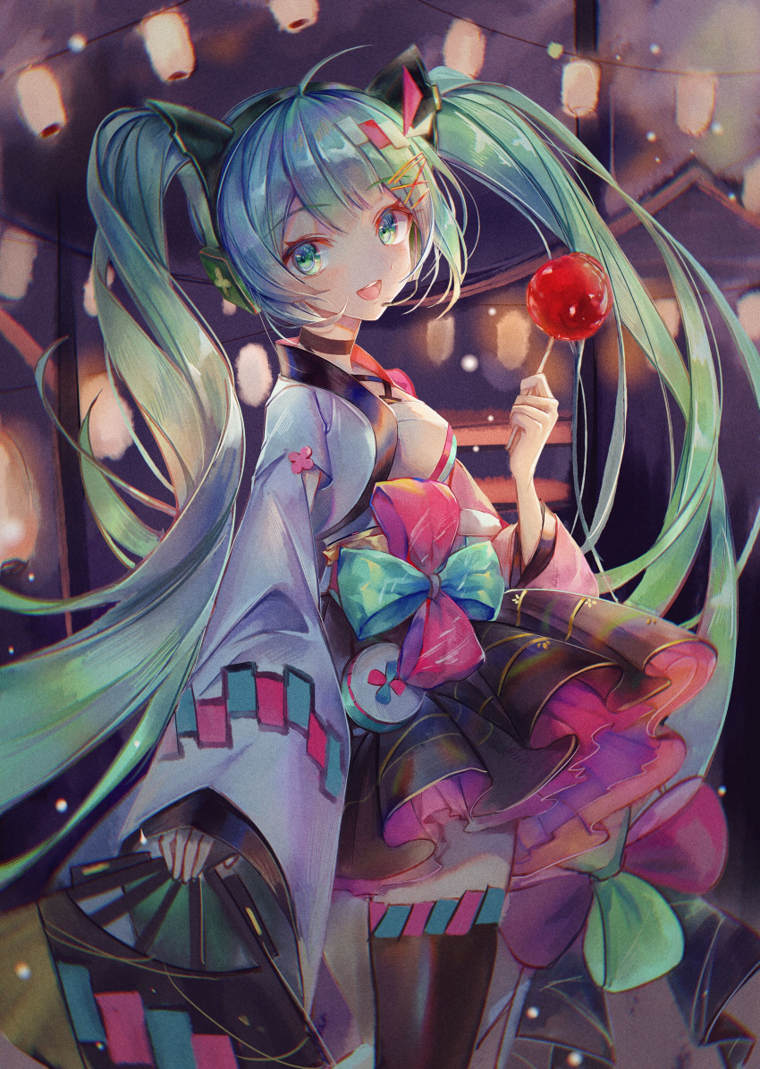 1girl absurdres aqua_eyes aqua_hair bangs black_skirt blunt_bangs bow candy_apple chinese_commentary commentary_request fan festival folding_fan food hair_ornament hairclip hatsune_miku highres holding holding_fan holding_food kazenemuri lantern layered_skirt long_hair looking_at_viewer magical_mirai_(vocaloid) skirt smile solo twintails very_long_hair vocaloid wide_sleeves