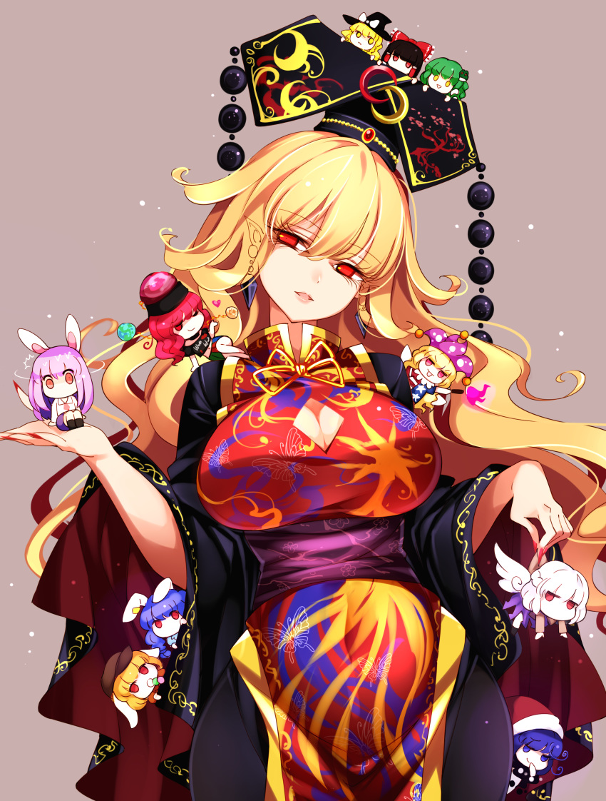 6+girls absurdres animal_ears black_dress black_hair black_headwear black_shirt blonde_hair blue_hair bow breasts cleavage_cutout clownpiece dango doremy_sweet dress earrings eyelashes fairy_wings fingernails food frog_hair_ornament green_hair hair_bow hair_ornament hakurei_reimu hat head_tilt heart hecatia_lapislazuli highres holding jester_cap jewelry junko_(touhou) kirisame_marisa kishin_sagume kochiya_sanae large_breasts legacy_of_lunatic_kingdom light_smile long_fingernails long_hair long_sleeves looking_at_viewer minigirl miniskirt multiple_girls nail_polish nightcap parted_lips pointy_ears polka_dot polos_crown rabbit_ears raptor7 red_bow red_eyes red_headwear red_nails redhead reisen_udongein_inaba ringo_(touhou) sash seiran_(touhou) shirt short_hair simple_background single_wing skirt smug t-shirt tabard tongue tongue_out torch touhou wagashi white_hair white_shirt wide_sleeves wings witch_hat yellow_eyes