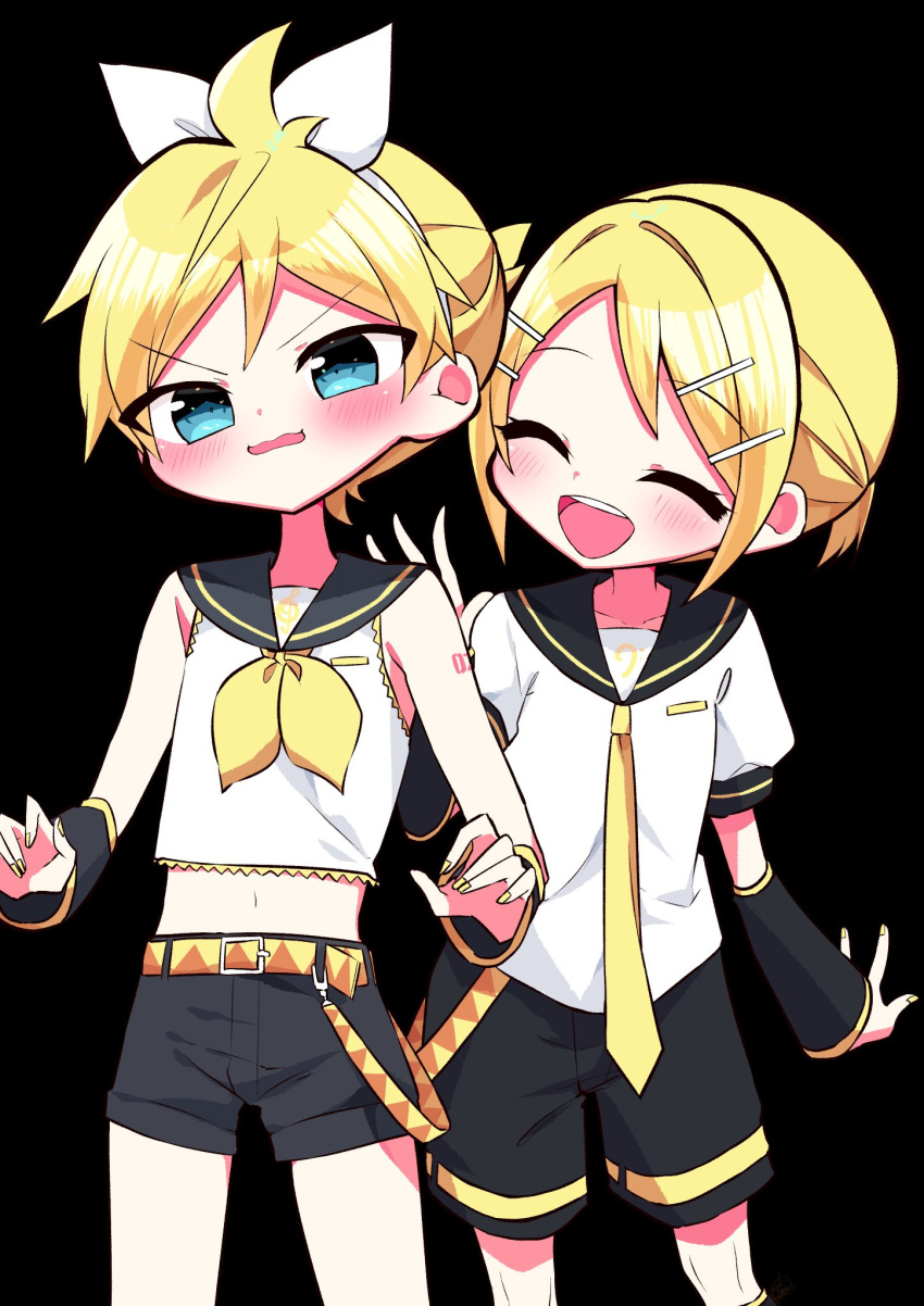 1boy 1girl arm_warmers bangs bare_shoulders black_background black_collar black_shorts black_sleeves blonde_hair blue_eyes bow closed_eyes collar commentary cosplay costume_switch cowboy_shot crop_top detached_sleeves embarrassed hair_bow hair_ornament hairclip hand_on_another's_back highres kagamine_len kagamine_rin kasaki_sakura nail_polish neckerchief necktie open_mouth patting_back sailor_collar school_uniform shirt short_hair short_ponytail short_shorts short_sleeves shorts shoulder_tattoo sleeveless sleeveless_shirt smile spiky_hair swept_bangs tattoo v-shaped_eyebrows vocaloid white_bow white_shirt yellow_nails yellow_neckwear