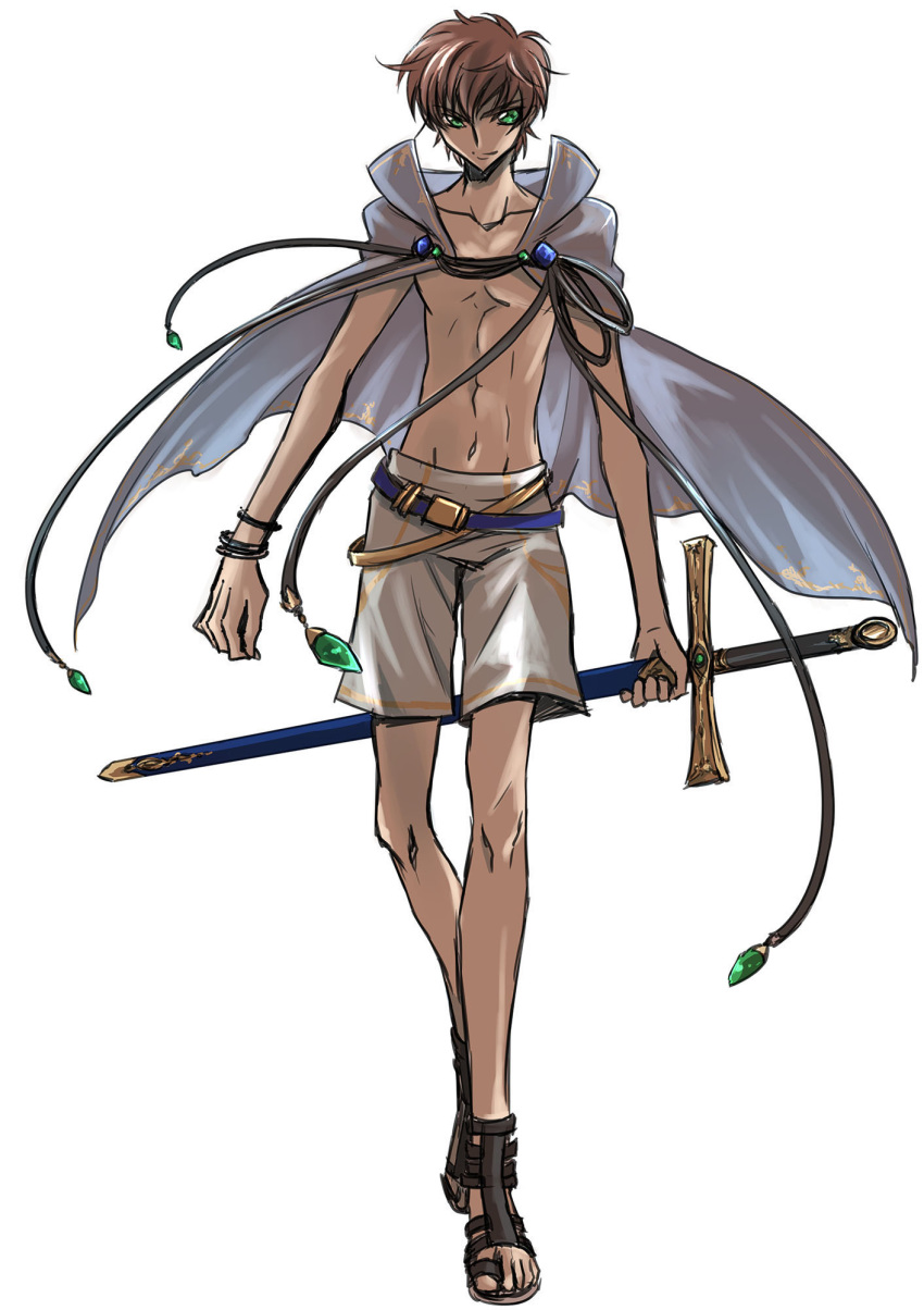 1boy bangs bracelet brown_hair cape closed_mouth code_geass collarbone full_body green_eyes grey_cape hair_between_eyes highres holding holding_sword holding_weapon jewelry kururugi_suzaku looking_at_viewer male_focus nuts_takahashi sheath sheathed shiny shiny_hair shorts simple_background sketch solo sword weapon white_background white_shorts