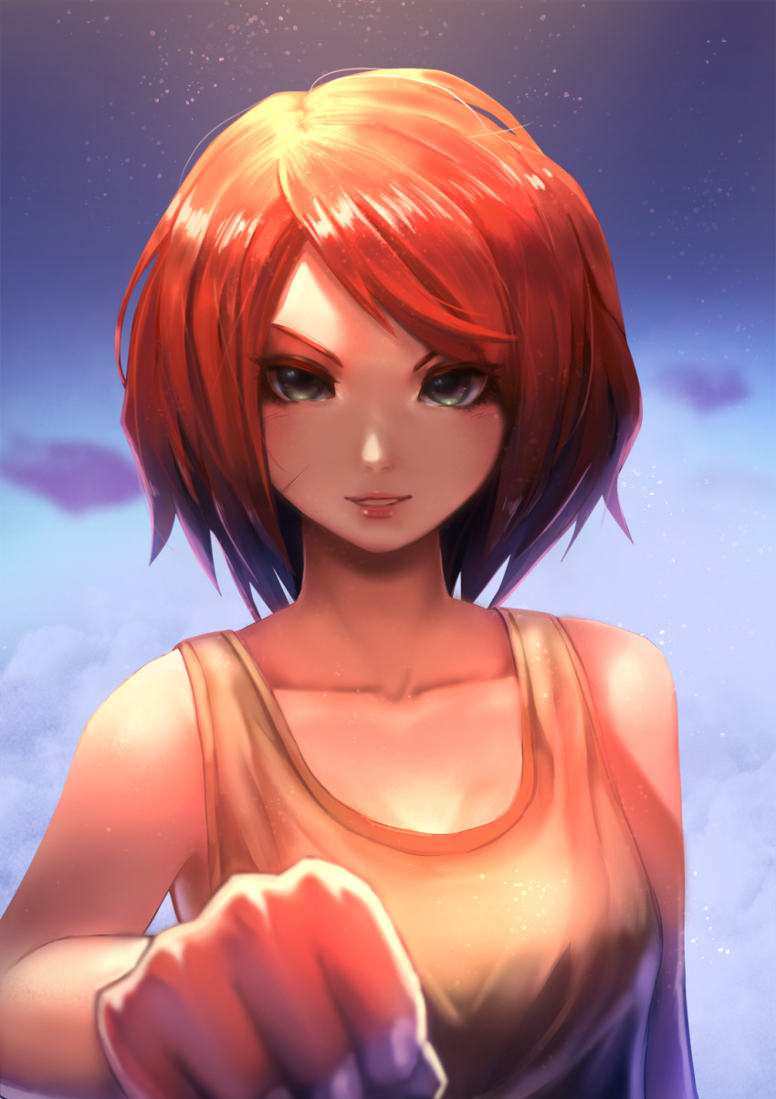 1girl boiling_bolt breasts clenched_hand ctiahao english_commentary fist_bump green_eyes highres june_(boiling_bolt) looking_at_viewer medium_breasts pov redhead short_hair solo tank_top