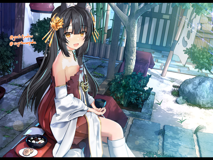 1girl azur_lane bangs black_hair blurry blush bokeh bowl brown_eyes cup day depth_of_field detached_sleeves dish dress eyebrows_visible_through_hair from_side hair_ornament holding holding_cup letterboxed long_hair long_sleeves looking_at_viewer multicolored_hair nagato_(azur_lane) open_mouth outdoors sitting smile solo strapless strapless_dress streaked_hair sugita_ranpaku tree twitter_username white_legwear wide_sleeves