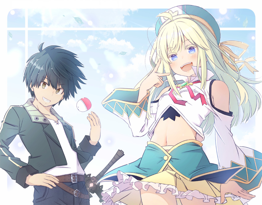 1boy 1girl :d bangs bare_shoulders belt beret black_hair black_jacket black_pants blonde_hair blue_eyes blue_headwear blush breasts brown_belt brown_eyes colored_eyelashes commentary_request copyright_request eyebrows_visible_through_hair frilled_skirt frills fujisaki_yuu grin hand_up hat jacket long_hair long_sleeves midriff navel neck_ribbon open_clothes open_jacket open_mouth pants pleated_skirt red_ribbon ribbon shirt shoulder_cutout skirt small_breasts smile sword v weapon white_shirt wide_sleeves yellow_skirt
