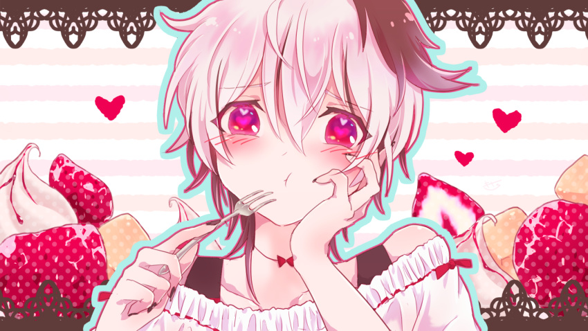 1girl commentary cream dress eating flower_(vocaloid) food fork frilled_dress frills fruit furrowed_eyebrows hand_on_own_cheek heart heart_eyes highres holding holding_fork kisalaundry lace_background looking_at_viewer multicolored_hair portrait purple_nails short_hair solo strawberry streaked_hair striped striped_background sweets v_flower_(vocaloid4) violet_eyes vocaloid white_dress white_hair