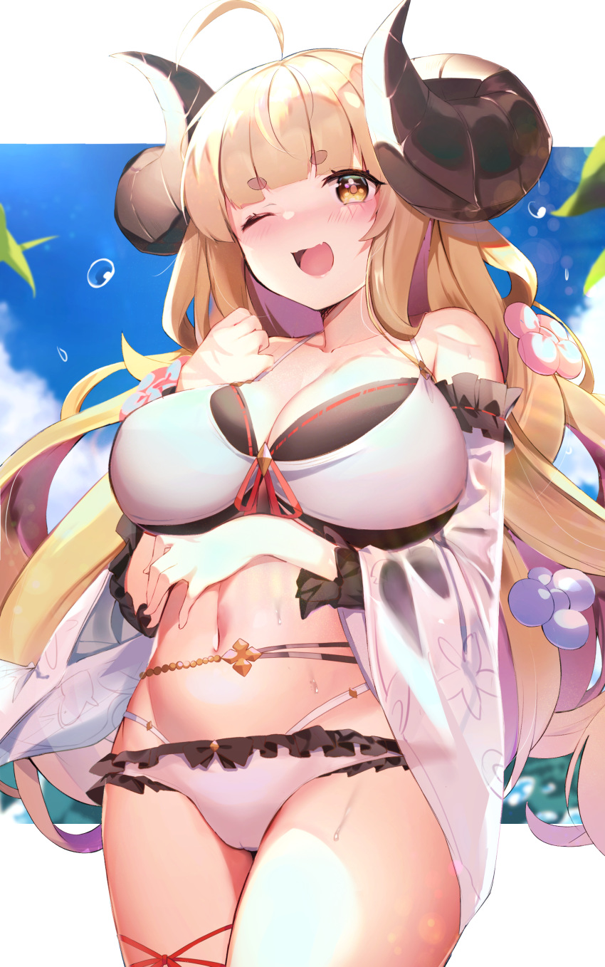 1girl ;d absurdres ahoge anila_(granblue_fantasy) bangs bikini blonde_hair blue_sky blunt_bangs blush breasts clouds commentary_request day detached_sleeves draph eyebrows_visible_through_hair fang fantongjun granblue_fantasy highres horns large_breasts long_hair looking_at_viewer navel one_eye_closed open_mouth sheep_horns skin_fang sky smile solo sweat swimsuit white_bikini