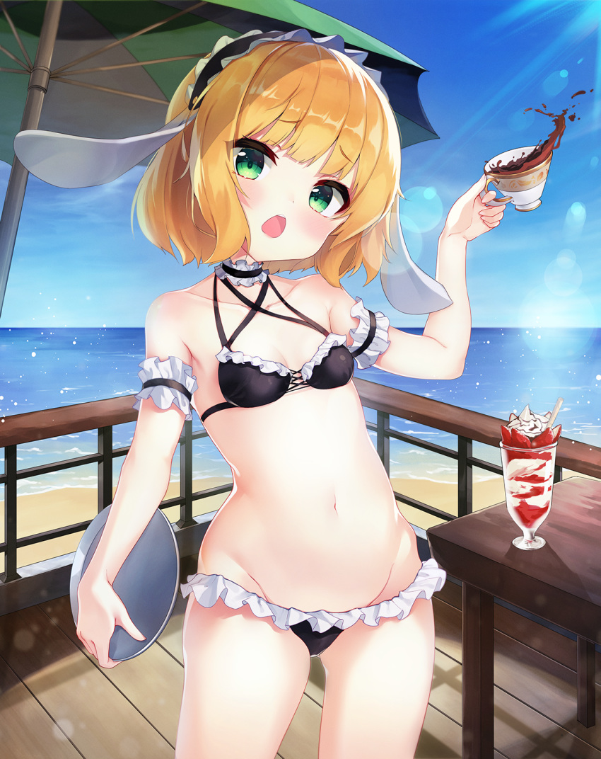 2drr animal_ears arm_up beach beach_umbrella bikini black_bikini blonde_hair breasts clouds coffee cup fake_animal_ears food frilled_bikini frills gochuumon_wa_usagi_desu_ka? green_eyes groin hairband highres holding ice_cream kirima_sharo lolita_hairband lowleg lowleg_bikini navel ocean open_mouth outdoors rabbit_ears short_hair sky small_breasts spilling sundae swimsuit table teacup thighs tray umbrella