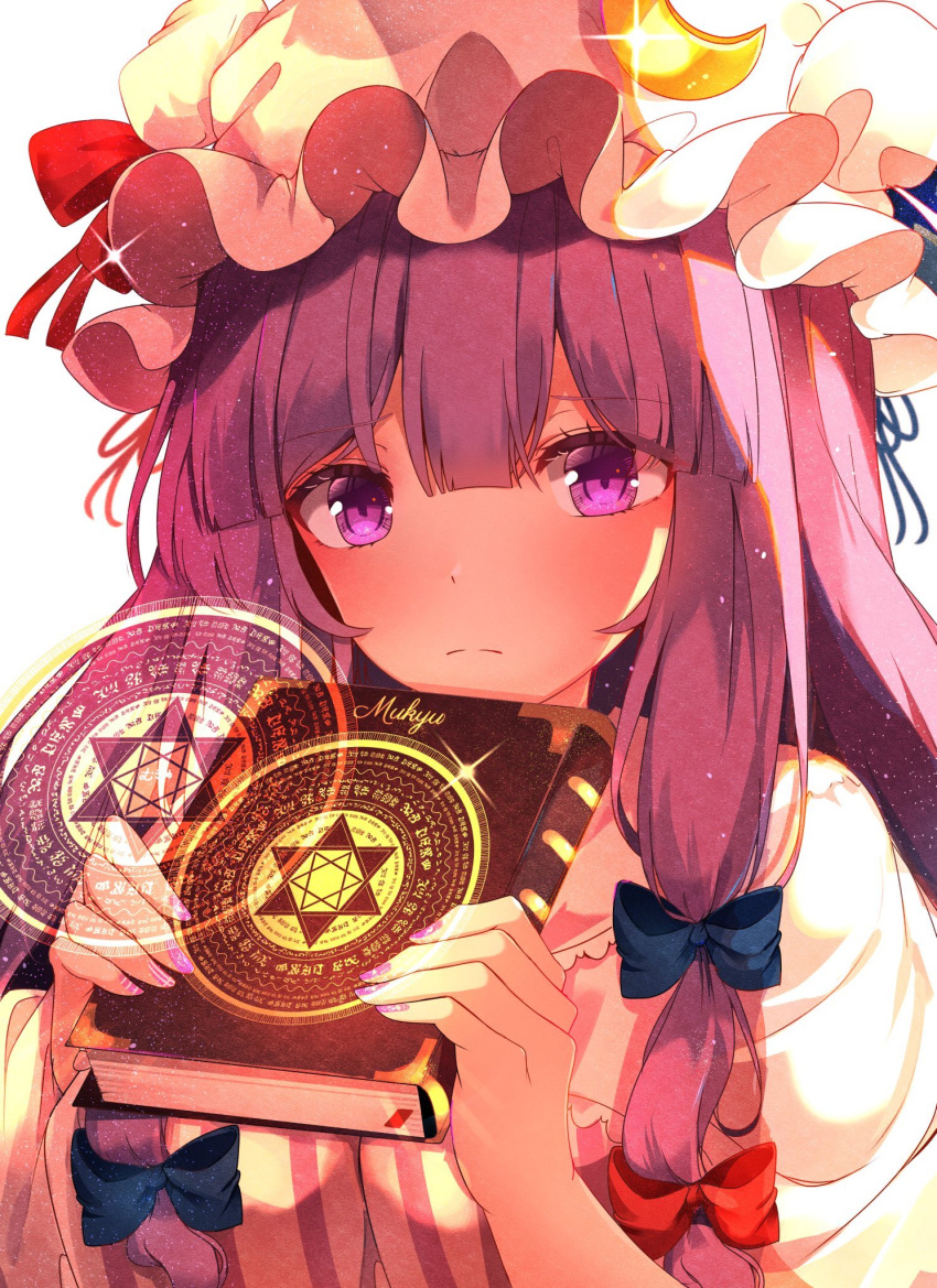 1girl blue_bow book bow breasts commentary crescent crescent_moon_pin eyebrows_visible_through_hair frown glitter hair_bow hat hat_bow highres holding holding_book hunya large_breasts looking_at_viewer magic_circle mob_cap mukyuu nail_polish patchouli_knowledge red_bow simple_background solo touhou upper_body violet_eyes white_background